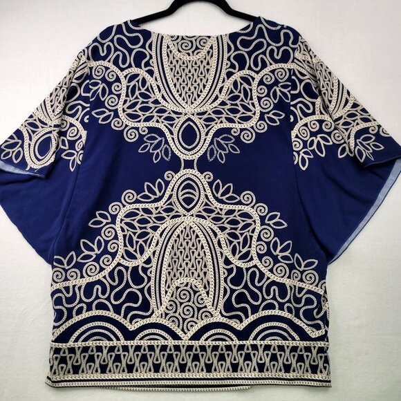 JM Collection Womens Large Boho Navy Beige Print Top Rhinestone Flowy Rodeo - Picture 4 of 8